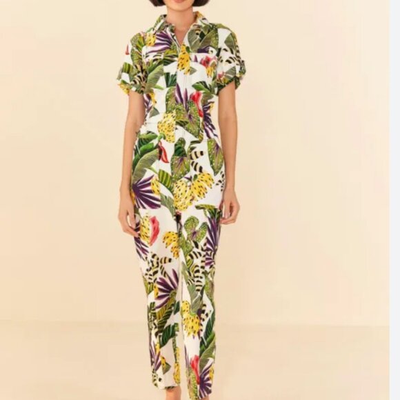 Farm Rio Women’s Striped Forest Tropical Print Jumpsuit Size Small zip front - Picture 1 of 13